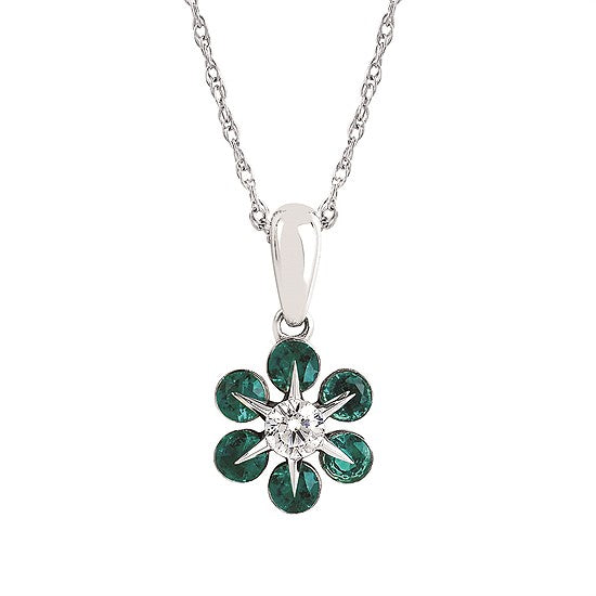 14K white gold emerald and diamond flower pendant with six emerald petals on an 18 inch chain