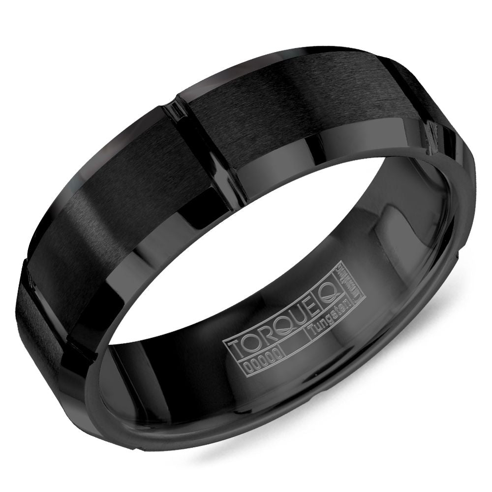 CrownRing Beveled Edge Notched Black Tungsten Wedding Band