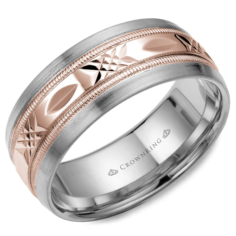 CrownRing Criss Cross Rose & White 8mm Wedding Band