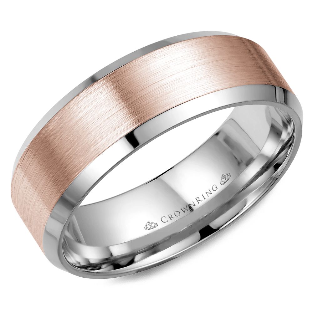 CrownRing Rose & White Two-Tone Sandpaper Center & High Polish Bevel Cut Edge 8mm Wedding Band