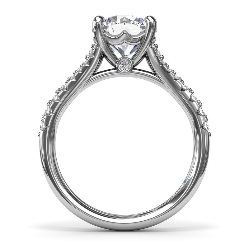Fana 14K White Gold Round Cut High Polish Split Shank Diamond Engagement Ring Featuring 0.43 Carats Total Weight Round Cut Side Diamonds.