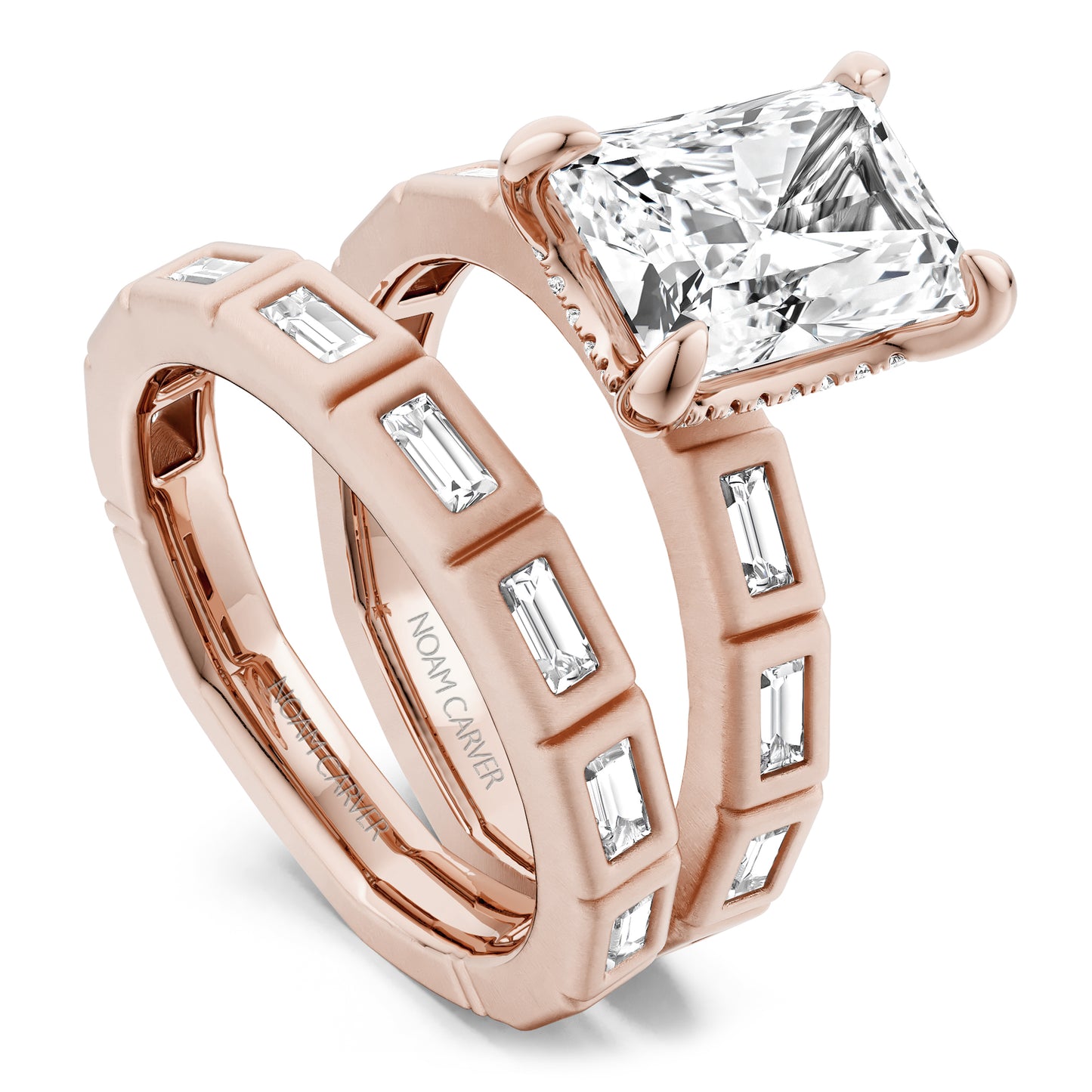 Noam Carver Rose Gold Atelier Flush Set East-West Set Side Baguette Cut Diamond Engagement Ring
