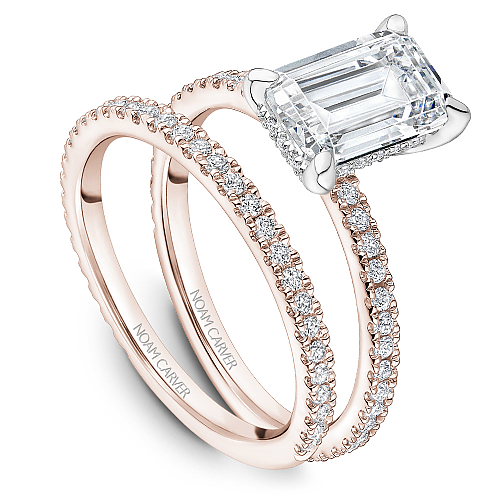 Noam Carver Rose & White Gold Prong Set Hidden Halo Emerald Cut Diamond Wedding Ring set