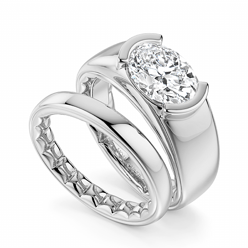 Noam Carver White Gold Luna Cigar Half-Bezel Set Oval Diamond Engagement Ring Bridal Set
