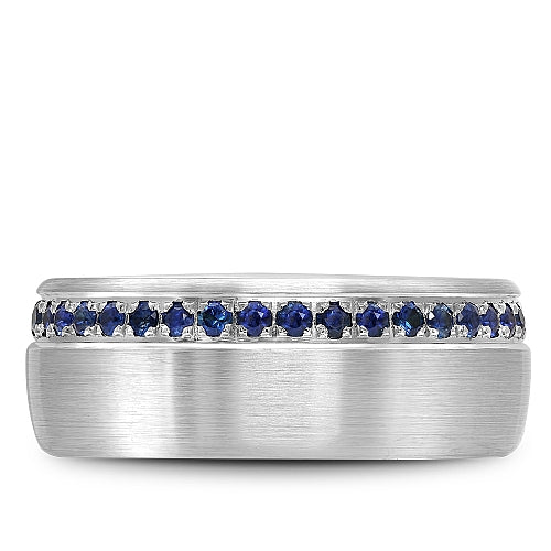 Bleu Royale Platinum Brushed Finish Blue Sapphire Eternity Wedding Band