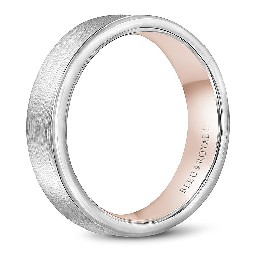 Bleu Royale Two-Tone White & Rose Gold Sandpaper Finish Outside High Polish Interior Wedding Band