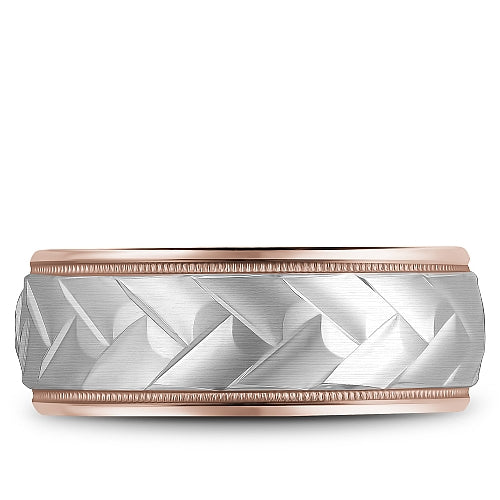Bleu Royale Rose & White Two-Tone Gold Cross-Hatch Wedding Band with Milgrain Details