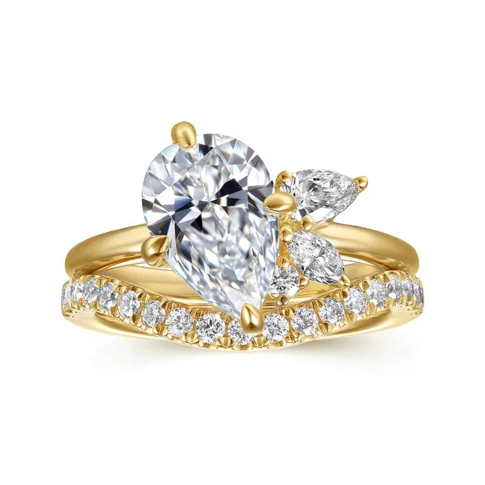 Gabriel & Co. Fame Yellow Gold Pear Shape Cluster 2.00 Carat Diamond with Marquise Accent Side Diamond Engagement Wedding Ring Set