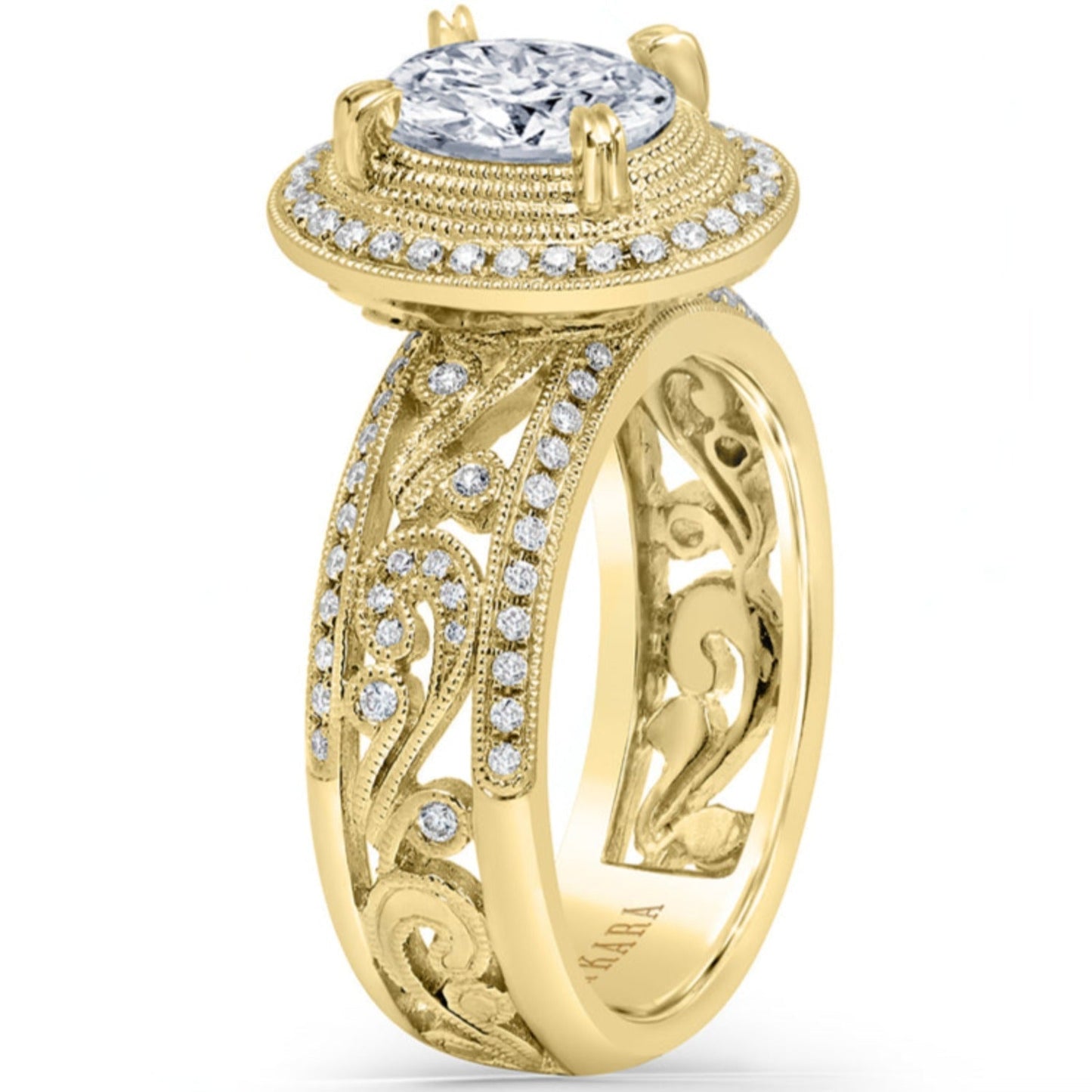 Kirk Kara "Angelique" Oval Halo Wide Scroll Work Diamond Engagement Ring