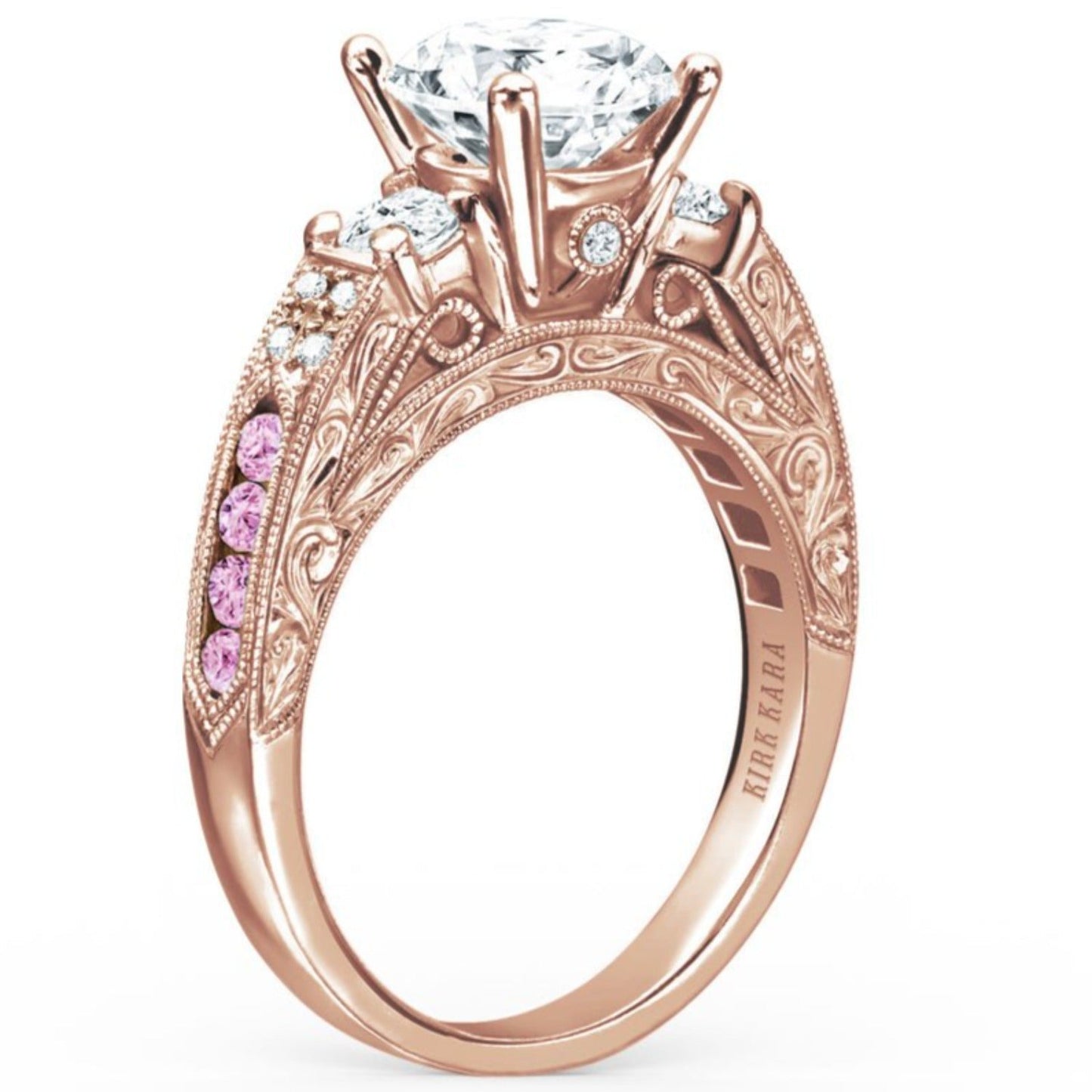 Kirk Kara Rose Gold "Charlotte" Pink Sapphire Three Stone Diamond Engagement Ring Angled Side View