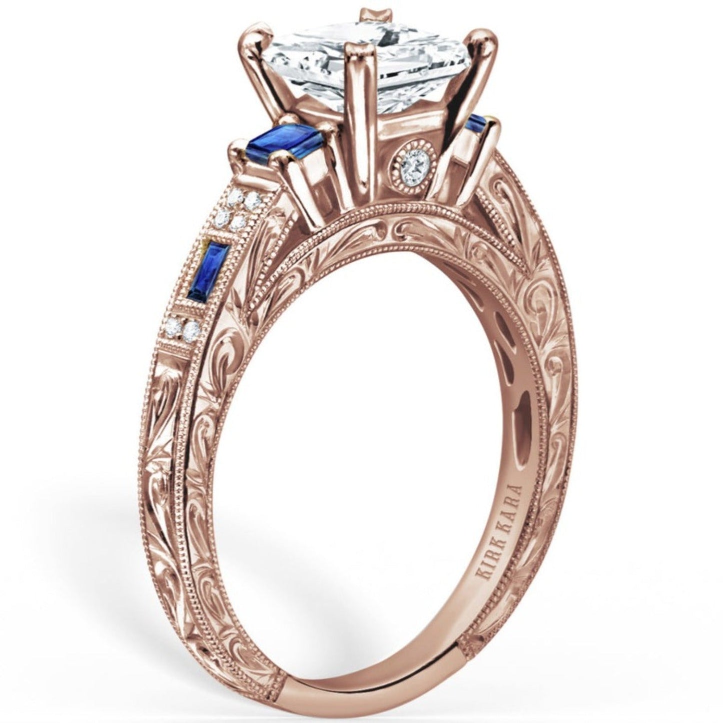 Kirk Kara "Charlotte" Three Stone Princess Cut Blue Sapphire Engagement Ring