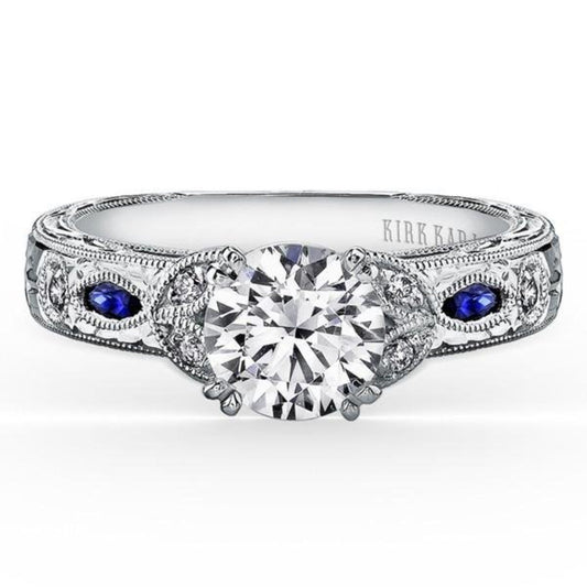 Kirk Kara White Gold Dahlia Marquise Shaped Blue Sapphire Diamond Engagement Ring  Front View