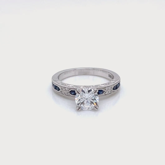 Kirk Kara White Gold "Charlotte" Blue Sapphire Diamond Engagement Ring  Full  Look 