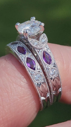 Kirk Kara White Gold "Dahlia" Marquise-Cut Vintage Amethyst Diamond Engagement Ring Set On Hand and in Box Video