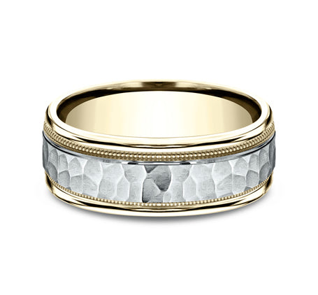 Benchmark The Baxter 8MM White and Yellow Gold Hammered Two-Tone Milgrain Wedding Band