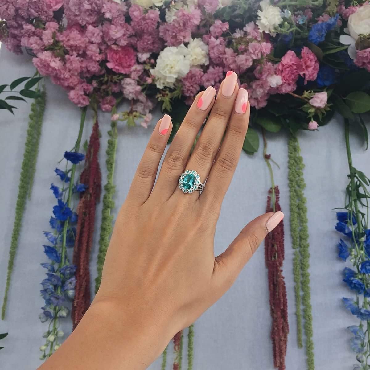 Simon G. Oval Cut Paraiba Tourmaline Halo Diamond "Flower" Ring