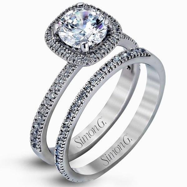 Simon G. French Set Cushion Halo Diamond Wedding Set