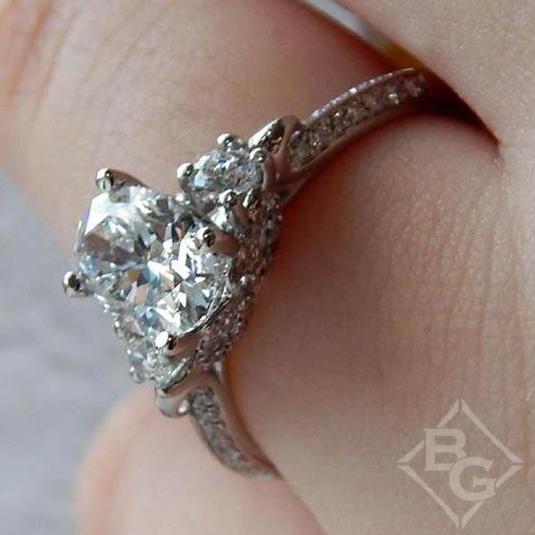 Simon G. Three Stone Oval Cut Vintage Style Engagement Ring