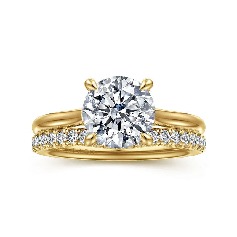 Gabriel & Co. Bena Yellow Gold Cathedral Round Solitaire Diamond Engagement Ring Set