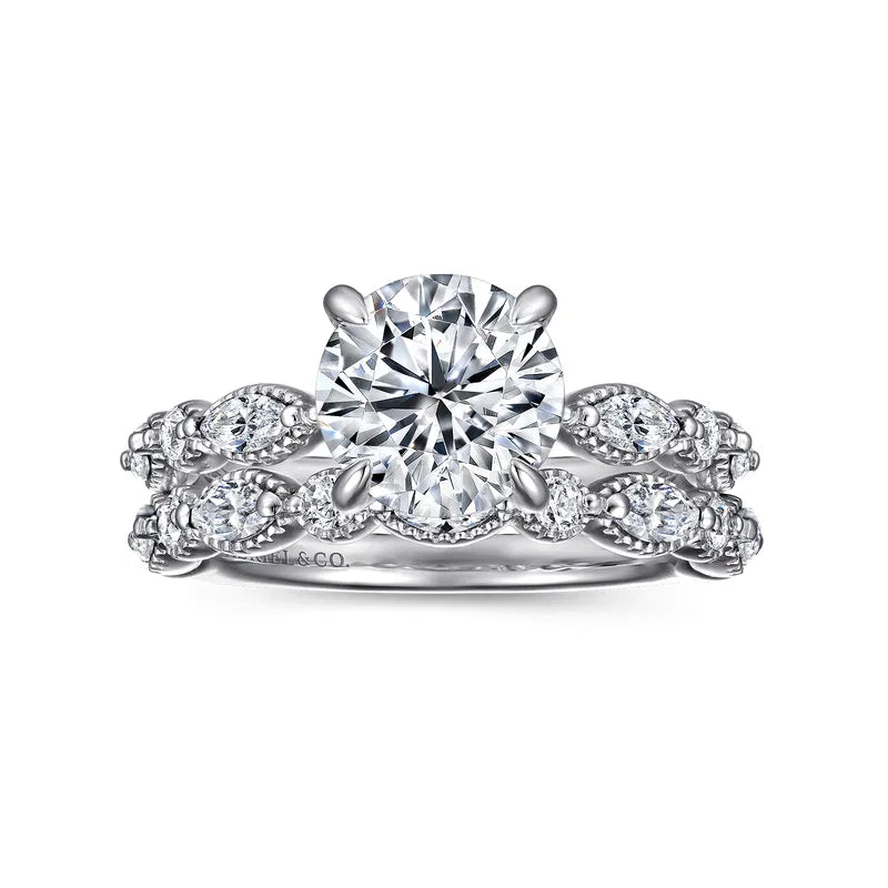 Gabriel & Co. Cindie Victorian White Gold With 2.00 Carat Round Center Diamond and Marquise and Round Cut Side Diamonds with Milgrain Edging Diamond Side Engagement Ring Bridal Set