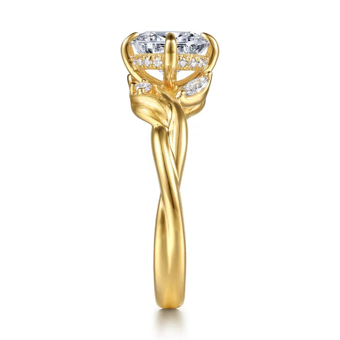 Gabriel & Co. Darling Floral Nouveau Yellow Gold Prong Round 1.5 Carat Diamond Twisted Engagement Ring