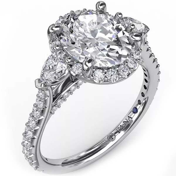 Fana Three Stone Halo Large Oval Center Diamond Engagement Ring