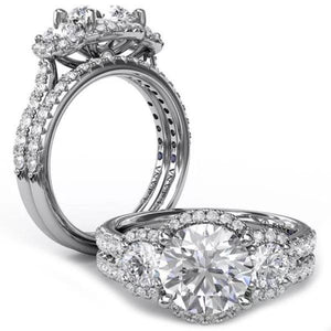 Fana Three Stone Halo Large Round Center Diamond Engagement Ring