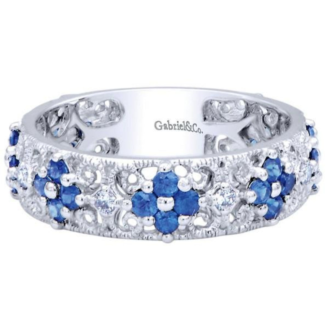 Gabriel & Co. Blue Sapphire and Diamond Floral Themed Ring