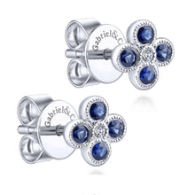 Load image into Gallery viewer, Gabriel &amp; Co. Blue Sapphire Flower Cluster Diamond Stud Earrings
