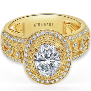 Kirk Kara Yellow Gold  "Angelique" Oval Halo Wide Scroll Work Diamond Engagement Ring Front View