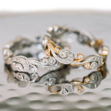 Load image into Gallery viewer, Kirk Kara White Gold AND White &amp; Yellow Gold &quot;Angelique&quot; Scroll Work Diamond Wedding Band Front View 
