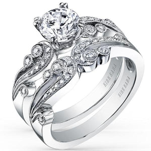 Kirk Kara White Gold "Angelique" Vintage Diamond Engagement Ring Set Angled Side View