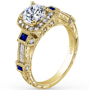 Kirk Kara "Carmella" Cushion Halo Baguette Station Blue Sapphire Diamond Engagement Ring