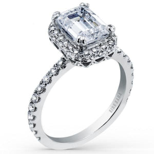 Kirk Kara White Gold "Carmella" Emerald Cut Halo Diamond Engagement Ring Angled Side View