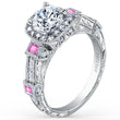 Load image into Gallery viewer, Kirk Kara White Gold &quot;Carmella&quot; Pink Sapphire Bezel Set Halo Diamond Engagement Ring Angled Side View
