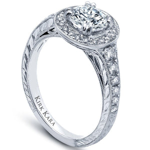 Kirk Kara White Gold "Carmella" Round Cut Halo Diamond Engagement Ring Angled Side View