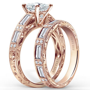 Kirk Kara Rose Gold "Charlotte" Baguette Cut Diamond Engagement Ring Set Angled Side View