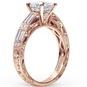 Kirk Kara Rose Gold "Charlotte" Baguette Cut Diamond Engagement Ring Angled Side View 