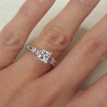 Load image into Gallery viewer, Kirk Kara White Gold &quot;Charlotte&quot; Baguette Cut Pink Sapphire Diamond Engagement Ring On Model Hand

