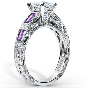 Kirk Kara White Gold "Charlotte" Baguette Cut Purple Amethyst Diamond Engagement Ring Angled Side View