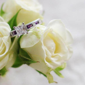 Kirk Kara White Gold "Charlotte" Baguette Cut Purple Amethyst Diamond Engagement Ring On Flower