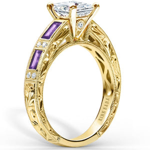 Kirk Kara Yellow Gold "Charlotte" Baguette Cut Purple Amethyst Diamond Engagement RingAmethyst Diamond Engagement Ring