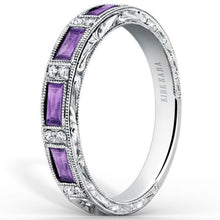 Load image into Gallery viewer, Kirk Kara White Gold &quot;Charlotte&quot; Baguette Cut Purple Amethyst Diamond Wedding Band Angled Side View 

