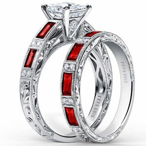 Kirk Kara White Gold "Charlotte" Baguette Cut Red Ruby Diamond Engagement Ring Set Angled Side View 