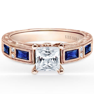 Kirk Kara Rose Gold "Charlotte" Blue Sapphire Baguette and Diamond Engagement Ring Front View 