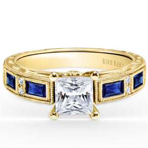 Kirk Kara Yellow Gold "Charlotte" Blue Sapphire Baguette and Diamond Engagement Ring Front View