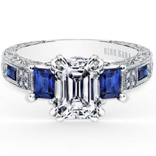 Load image into Gallery viewer, Kirk Kara White Gold &quot;Charlotte&quot; Blue Sapphire Diamond Three Stone Engagement Ring Front View
