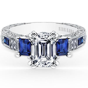 Kirk Kara White Gold "Charlotte" Blue Sapphire Diamond Three Stone Engagement Ring Front View