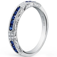 Load image into Gallery viewer, Kirk Kara White Gold &quot;Charlotte&quot; Blue Sapphire Diamond Wedding Band Angled Side View

