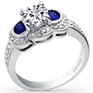 Kirk Kara White Gold "Charlotte" Half Moon Cut Sapphire & Three Stone Diamond Engagement Ring Angled Side View